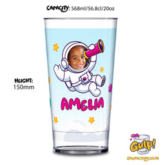 Astronaut Space Adventure | Personalised Name & Photo 20oz Plastic Cup (Girl design)
