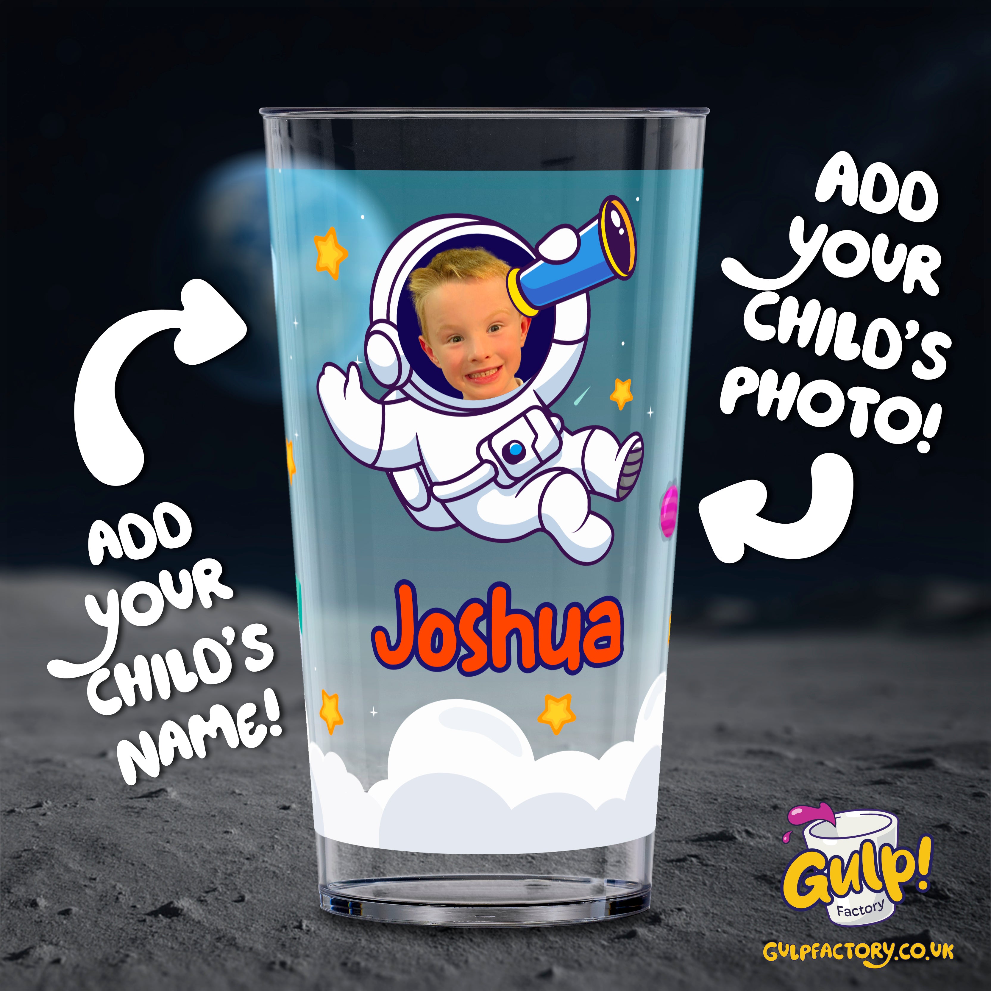 Astronaut Space Adventure | Personalised Name & Photo 20oz Plastic Cup (Boy's design)