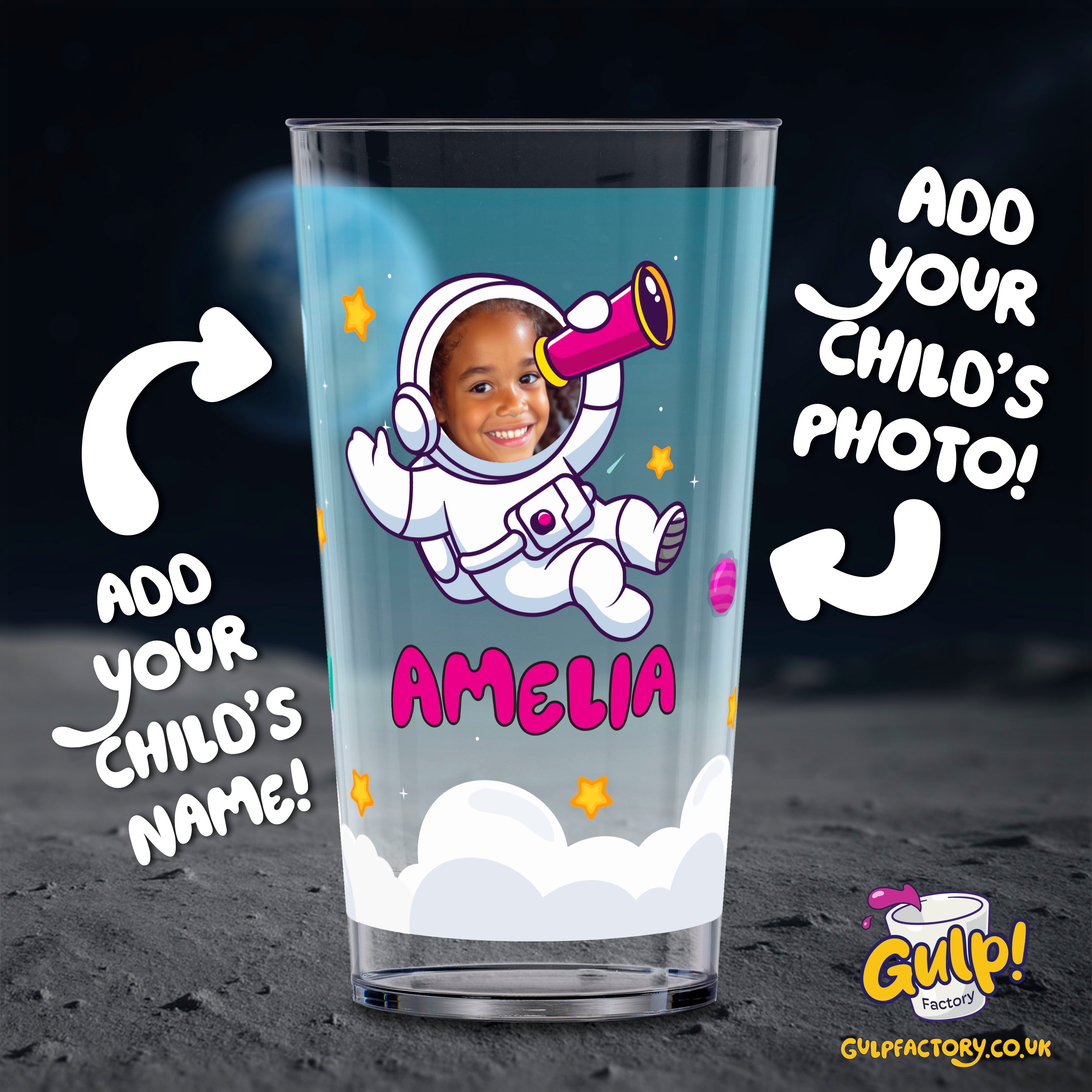 Astronaut Space Adventure | Personalised Name & Photo 20oz Plastic Cup (Girl design)