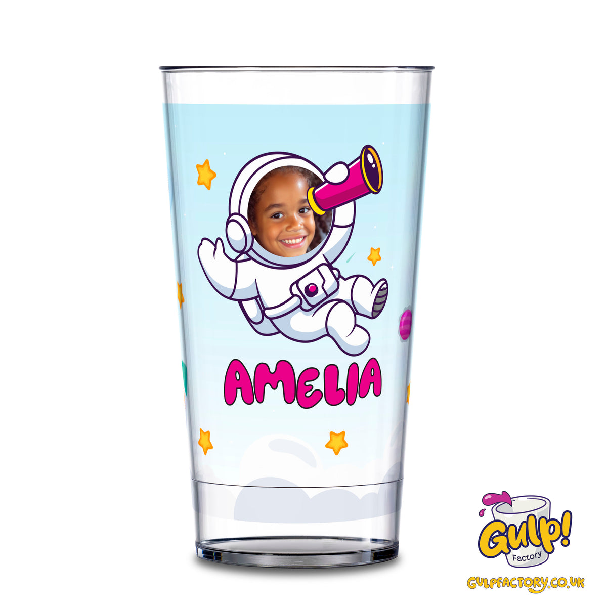 Astronaut Space Adventure | Personalised Name & Photo 20oz Plastic Cup (Girl design)